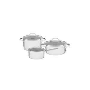 Jogo de Panelas Tramontina Una Aço Inox Fundo Triplo Tampas de Vidro 3 Peças