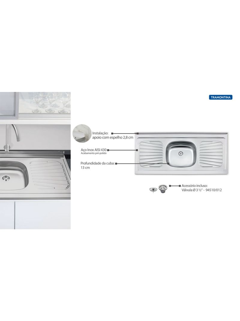 Pia de Apoio Tramontina New Raggi 40 em Aço Inox 120 x 52 cm