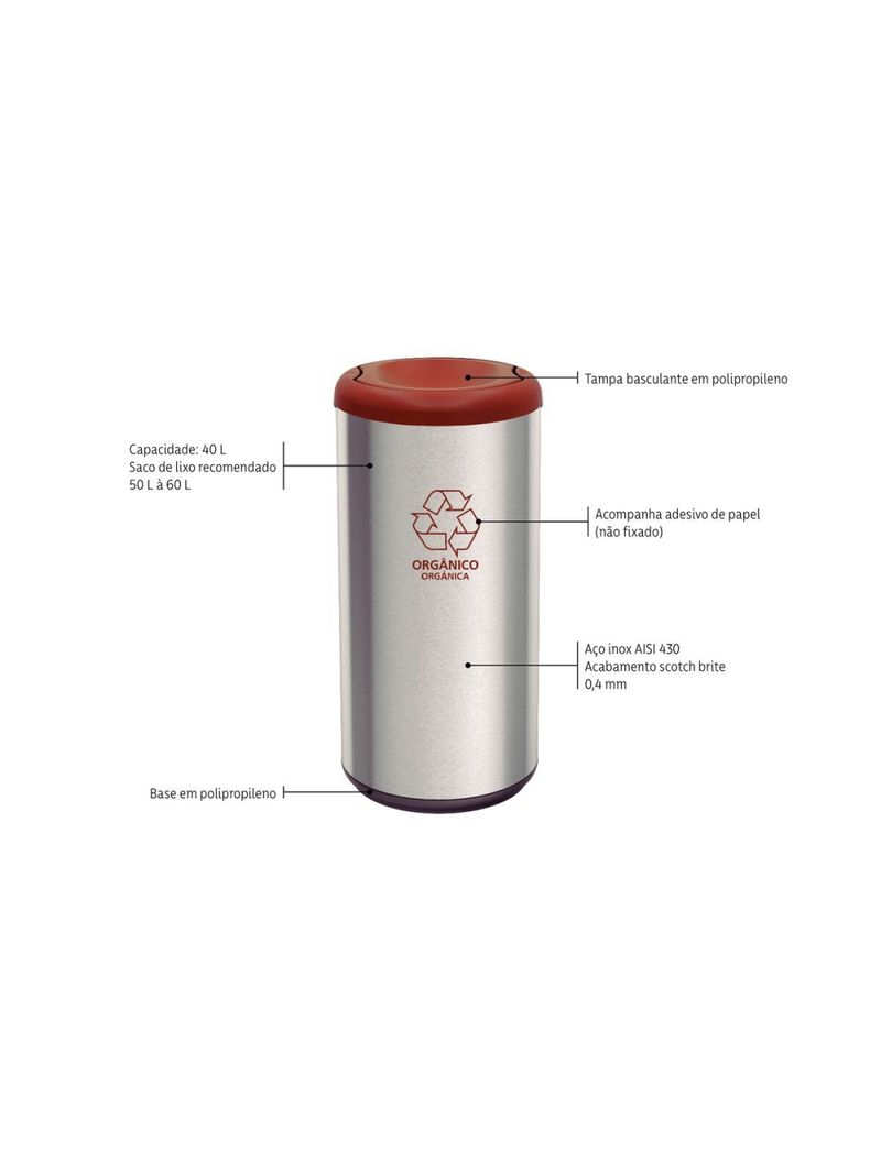 Lixeira Inox Tramontina Piemonte 40 Litros Scotch Brite e Tampa Basculante Marrom