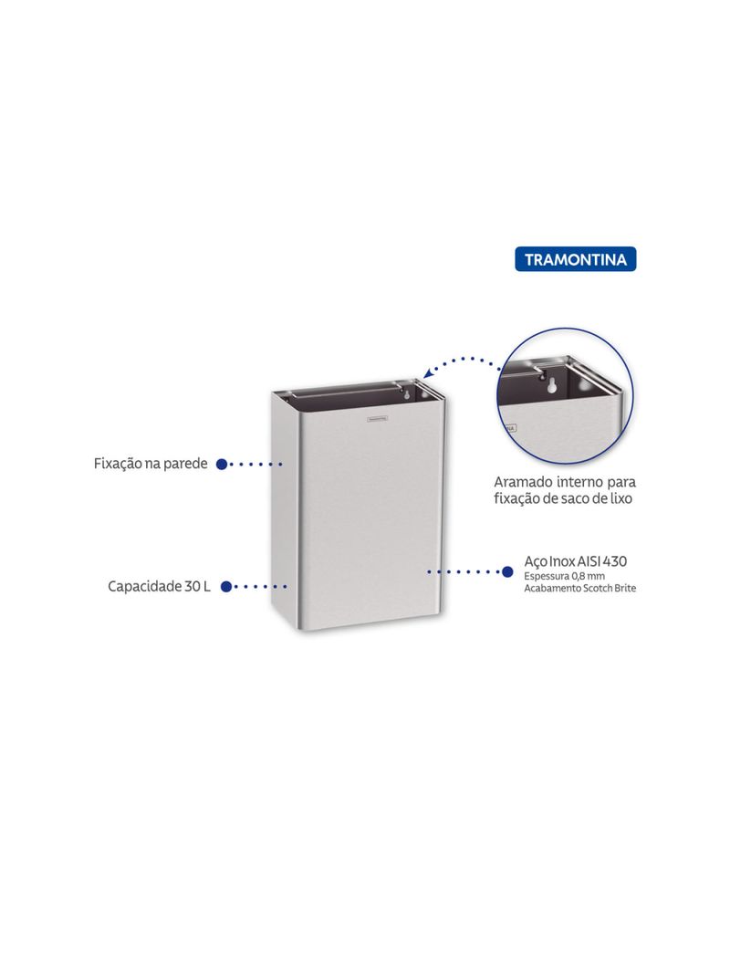Lixeira Tramontina Wall 30 Litros em Aço Inox para Fixação na Parede