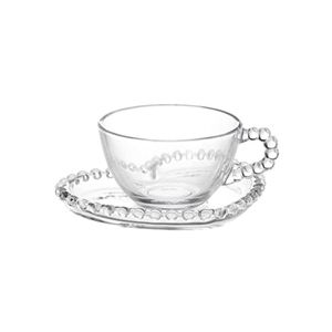 CONJUNTO 4 XÍCARAS PARA CHÁ EM CRISTAL TRANSPARENTE COM PIRES DE CORAÇÃO LINHA PEARL