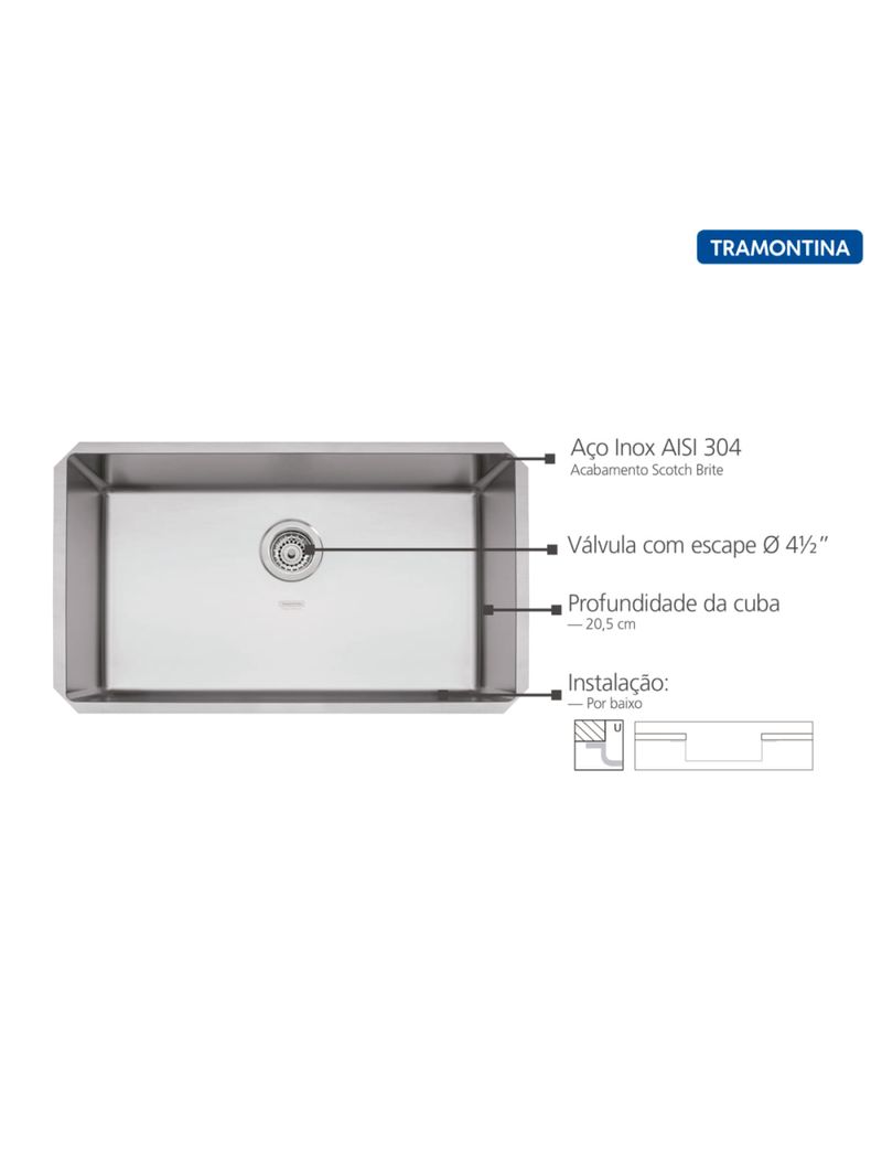 Cuba de Embutir Quadrum 70 U Tramontina 70 x 40 x 20 cm em Aço Inox Acetinado OUTLET