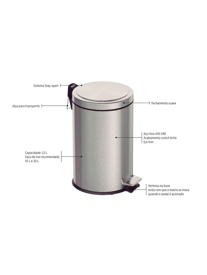 Lixeira com Pedal 12 Litros Tramontina Brasil Plus Aço Inox Acetinado