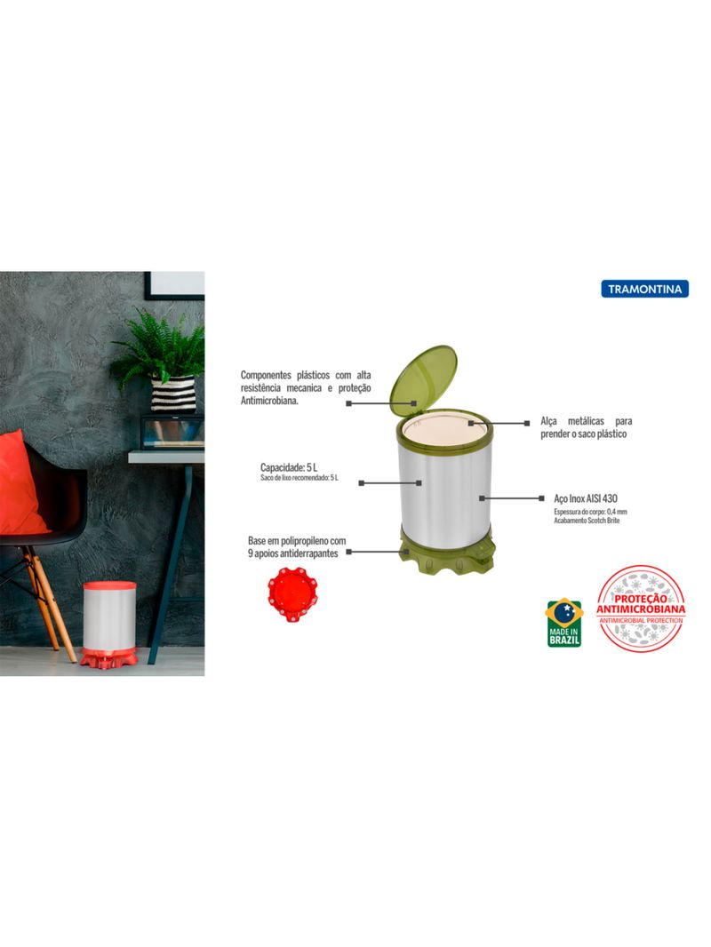 Lixeira Inox Tramontina Sofie Inox Acetinado e Detalhes em Plástico Translúcido Verde com Pedal 5 L