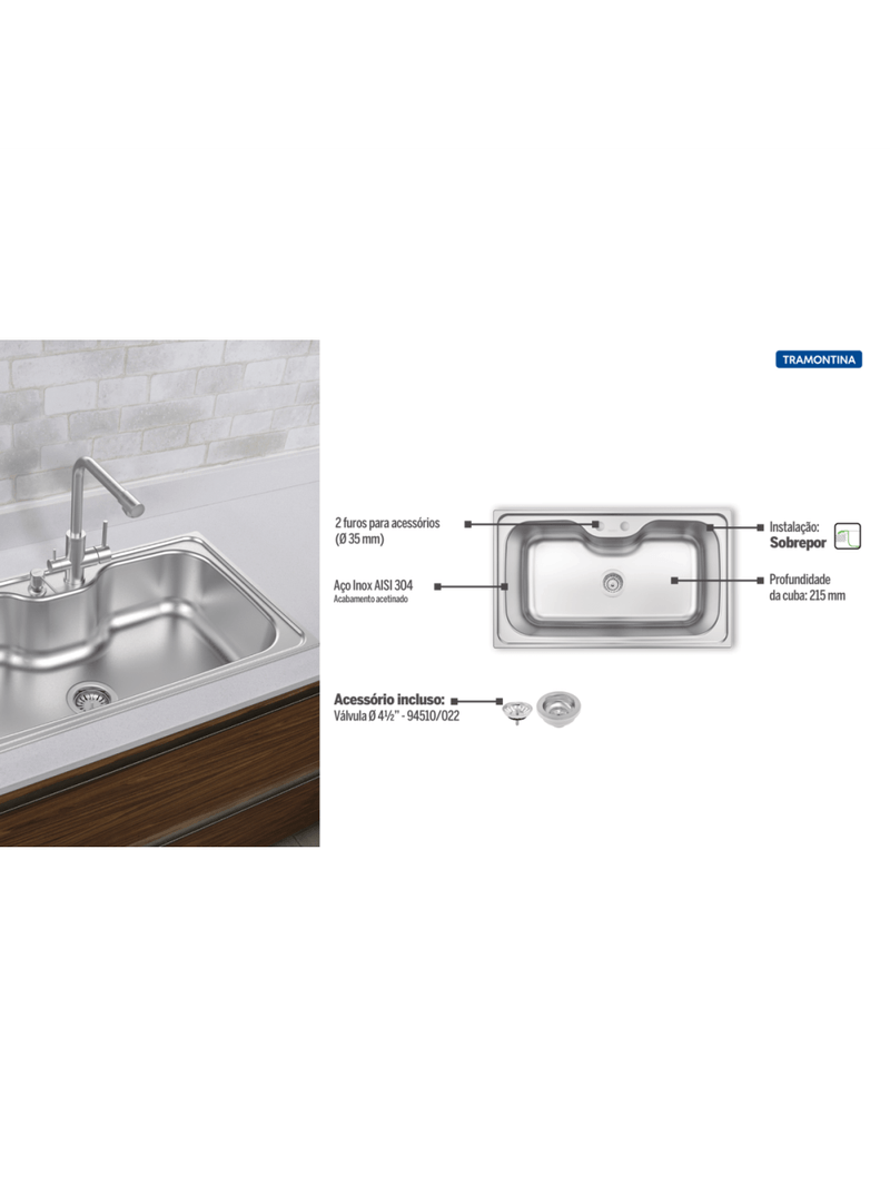 Cuba de Sobrepor Tramontina Morgana Maxi 86x50 cm em Aço Inox Acetinado com Válvula OUTLET 94900476