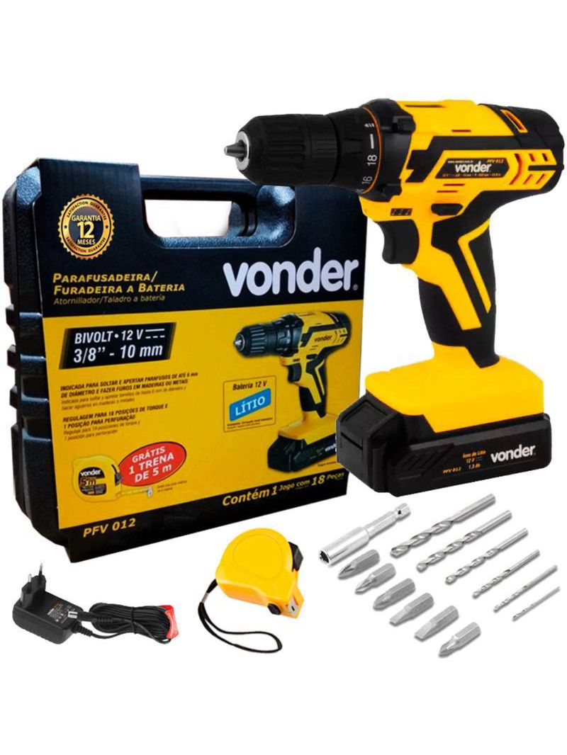 Furadeira e Parafusadeira à Bateria 12V BIVOLT PFV 012 com Kit de Brocas e Bits VONDER