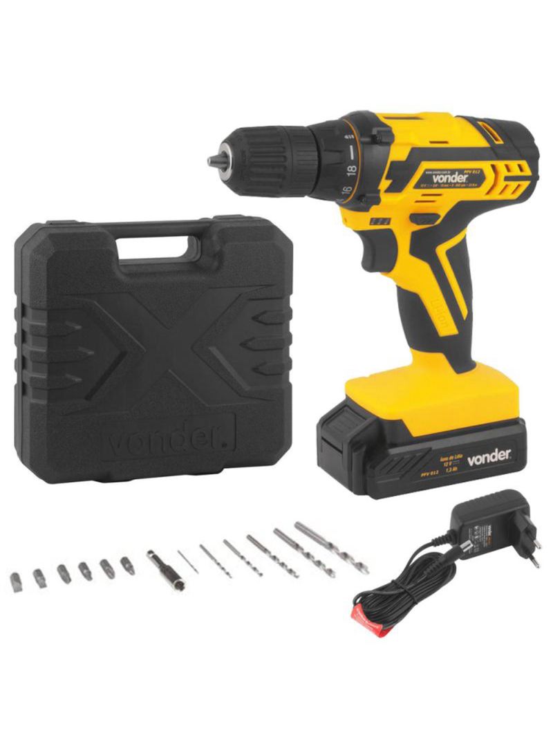 Furadeira e Parafusadeira à Bateria 12V BIVOLT PFV 012 com Kit de Brocas e Bits VONDER