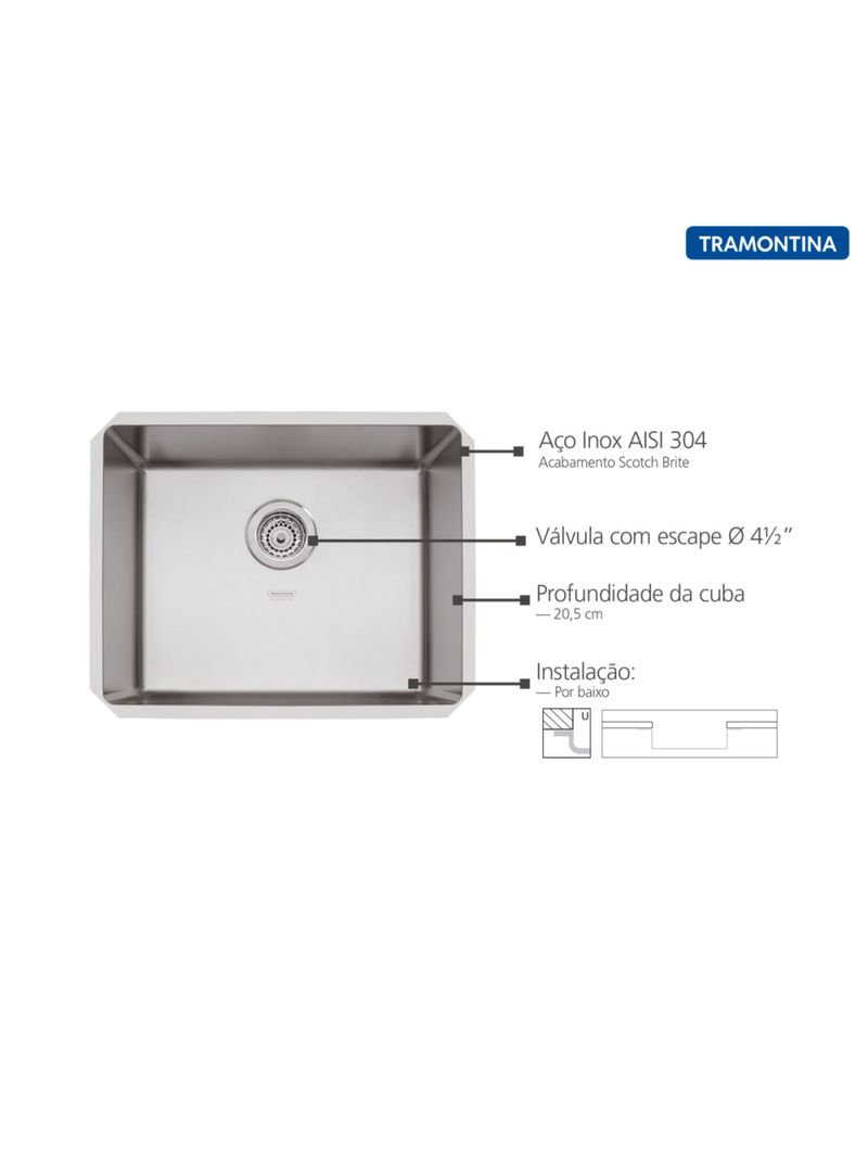 Cuba de Embutir Quadrum 50 Tramontina 50x40x20 cm em Aço Inox Acetinado OUTLET