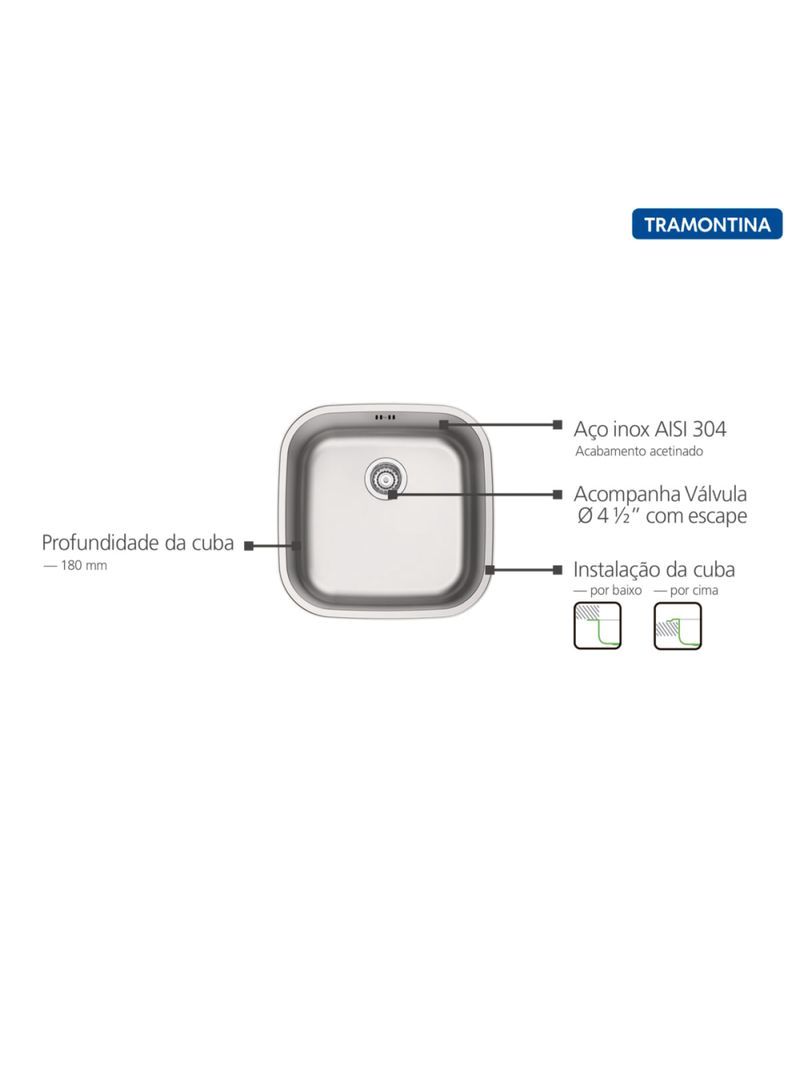 Cuba Tramontina Aria Maxi 40 BS Prime em Aço Inox Acetinado 40 x 40 x 20 cm com Válvula e Escape