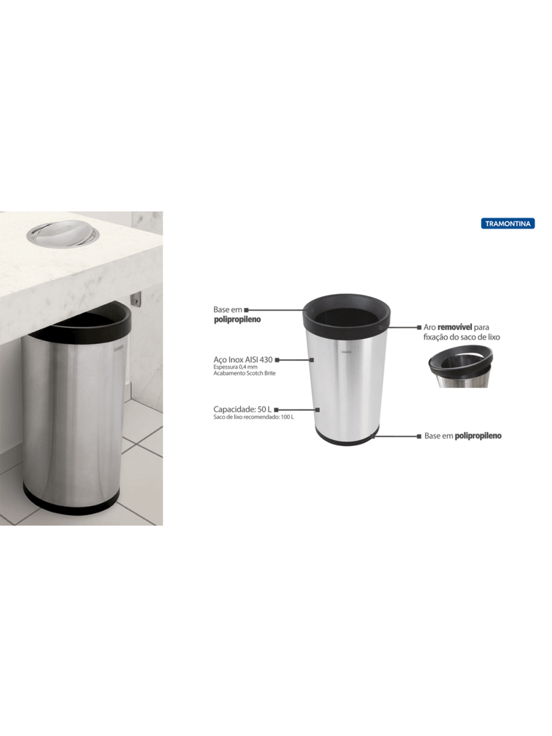 Lixeira Tramontina Molise Aço Inox Acetinado sem Tampa 50 Litros