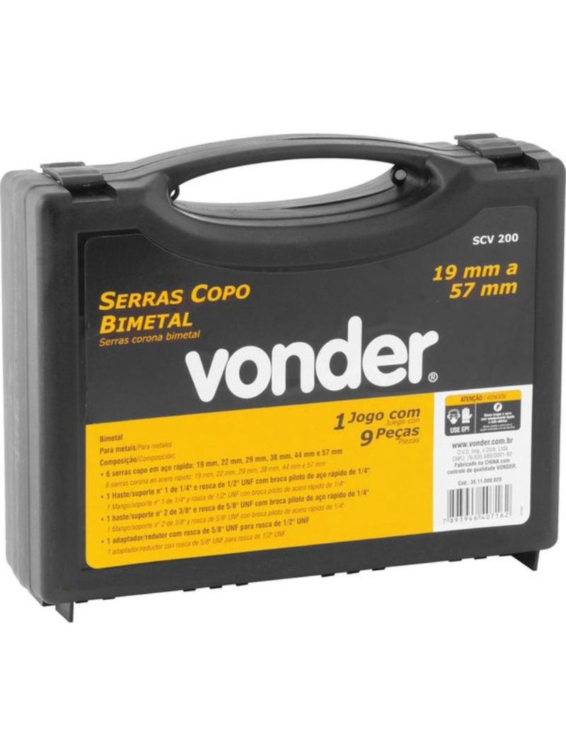 Jogo de Serras Copo Bimetal em Aço Rápido com 9 Peças SCV 200 VONDER