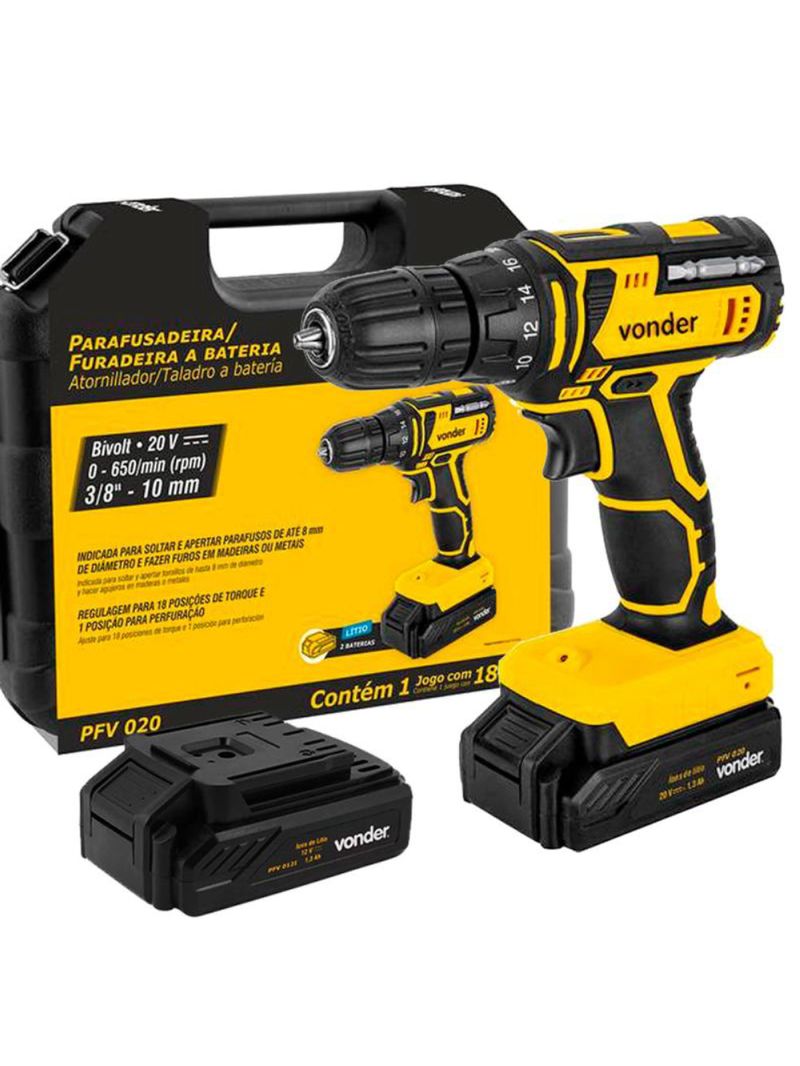 Furadeira e Parafusadeira à Bateria 20V com Maleta 2 Baterias e Acessórios Bivolt PFV020 VONDER