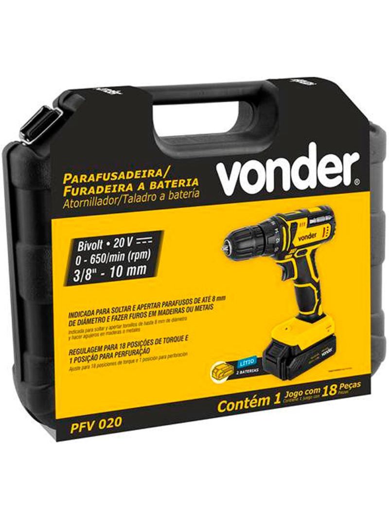 Furadeira e Parafusadeira à Bateria 20V com Maleta 2 Baterias e Acessórios Bivolt PFV020 VONDER