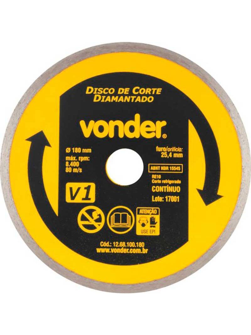 Disco de Corte Diamantado 7 POL 180 MM Furo 22 MM V1 Liso Contínuo VONDER