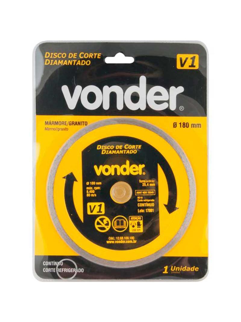 Disco de Corte Diamantado 7 POL 180 MM Furo 22 MM V1 Liso Contínuo VONDER