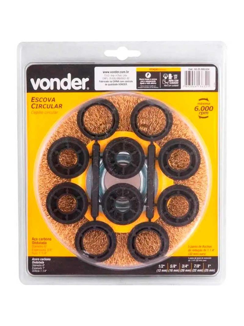 Escova Aço Circular 6 Pol Furo 11/4 Pol c/ Reduções VONDER