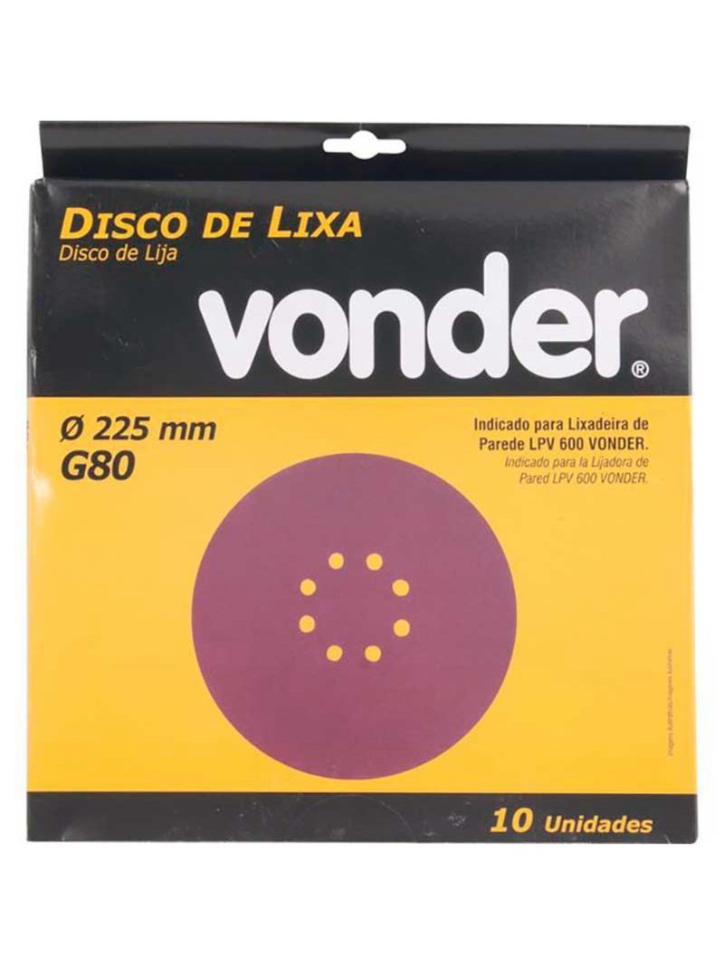 Disco de Lixa para Lixadeira de Teto LPV 600 e LPV 1000 Grão 80 Kit 10 Unidades VONDER