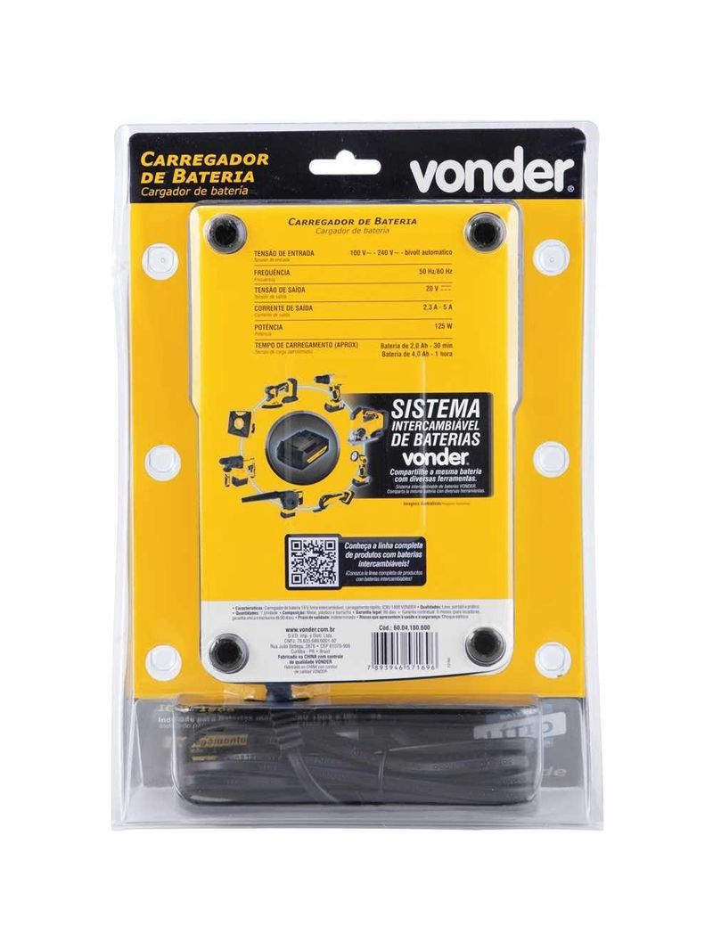 Carregador de Bateria 18V Rápido Bivolt 6004180600 VONDER-Bivolt