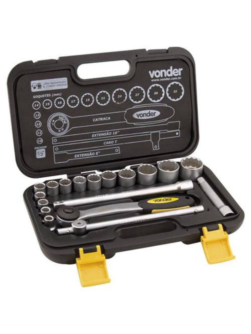 Soquete Jogo 10 à 32 MM Encaixe 1/2 POL Estriado c/ 18 Peças VONDER