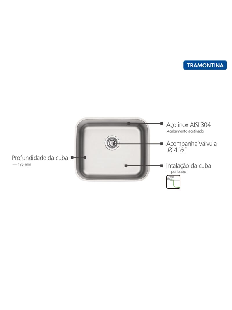 Cuba de Embutir Tramontina 40 x 34 cm Dora 40 BL em Aço Inox Acetinado com Válvula