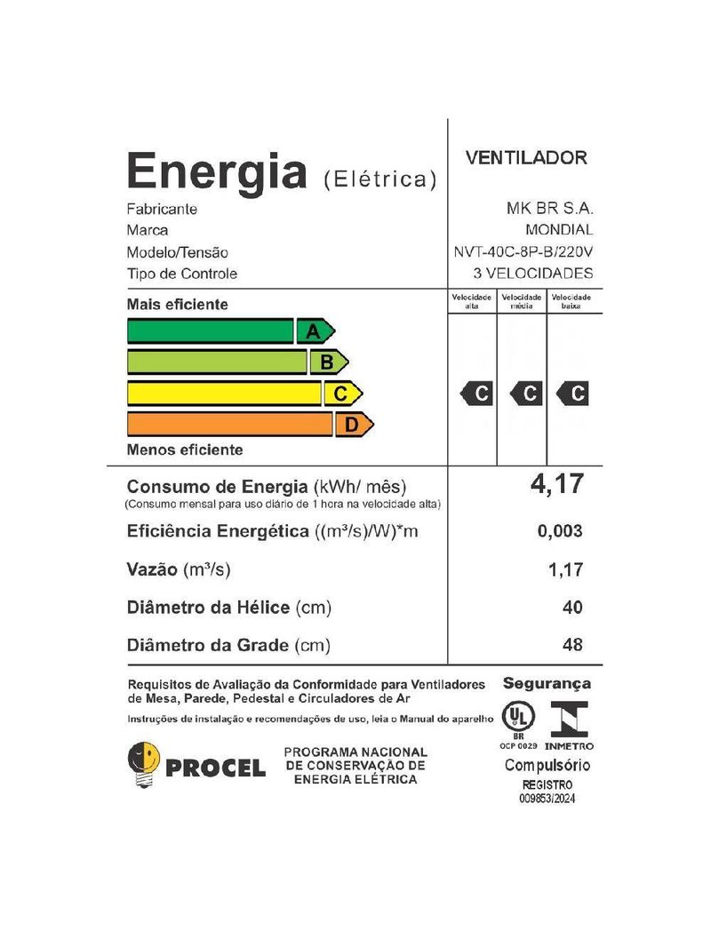 Ventilador de Coluna Mondial NVT-40C-8P-B Turbo 40CM 8 Pás Preto 220V 3799-02