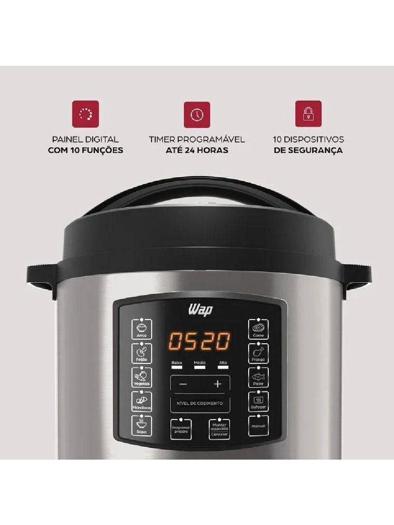 Panela Elétrica de Pressão Wap Preto e Inox 6L 220V WPPE1