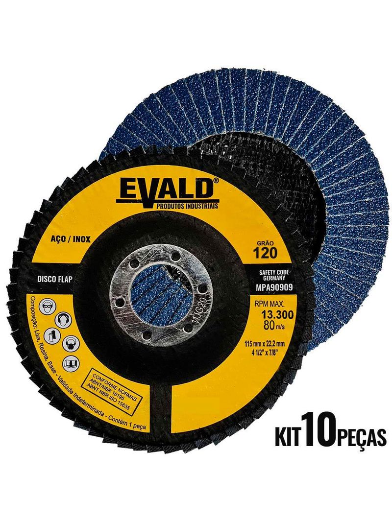 Disco de Lixa Flap 41/2 POL 115 MM Aço Inox Grão 120 Kit com 10 Unidades EVALD EVALD