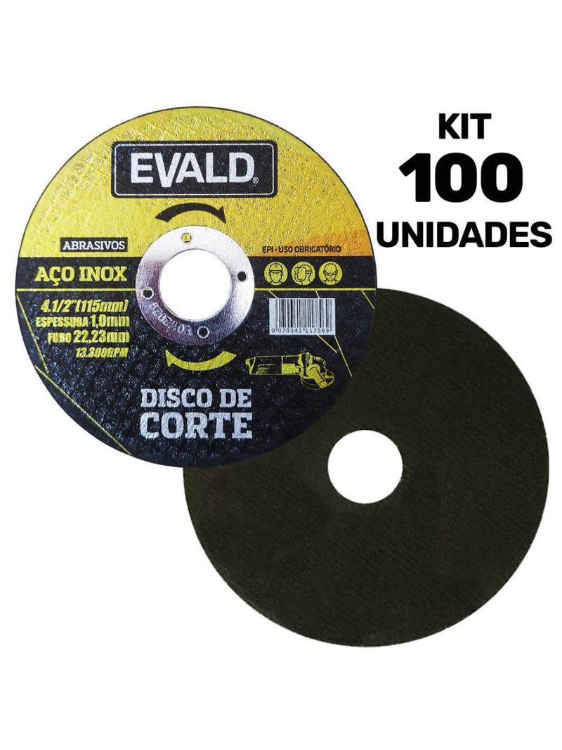 Disco de Corte 41/2 POL 115 MM Aço Inox Kit 100 Unidades EVALD