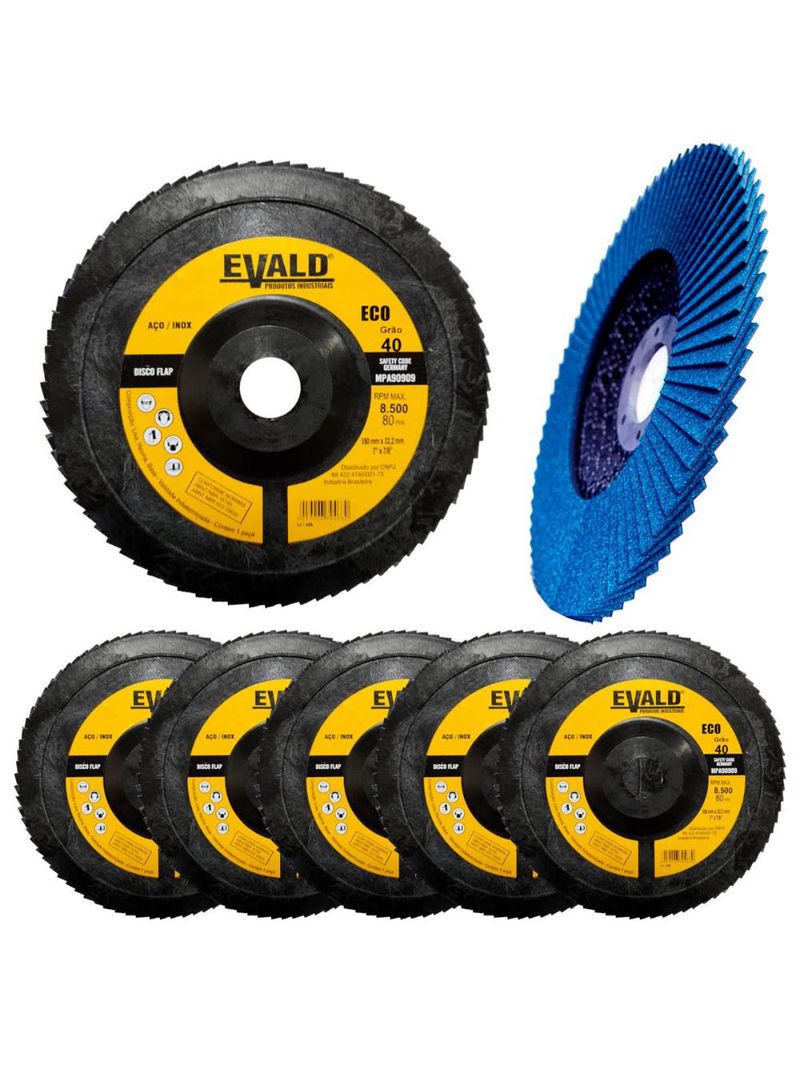Disco de Lixa Flap 7 POL 180 mm Aço Inox Grão 40 Kit 5 Unidades EVALD
