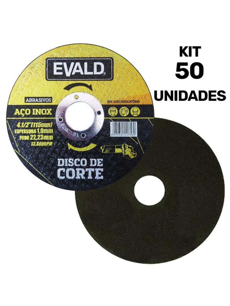 Disco de Corte 41/2 POL 115 MM Aço Inox Kit 50 Unidades EVALD