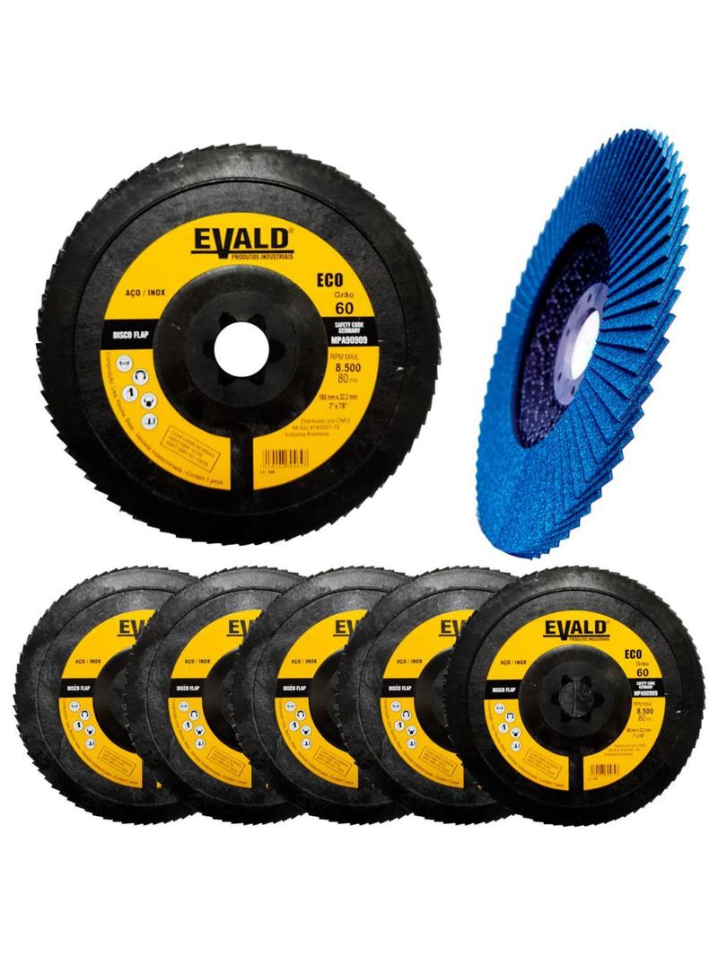 Disco de Lixa Flap Zirconio 7 POL 180 mm Aço Inox Grão 60 Kit 5 Unidades EVALD