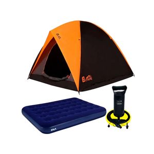 Barraca Camping  Para 6 Pessoas BEL + Colchão de Casal Inflável Azul + Bomba Manual Double Quick p/ Inflar BEL