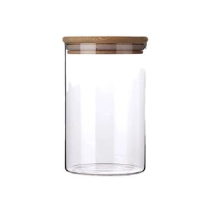 POTE DE VIDRO REDONDO COM TAMPA HERMETICA DE MADEIRA/BAMBU 350ML