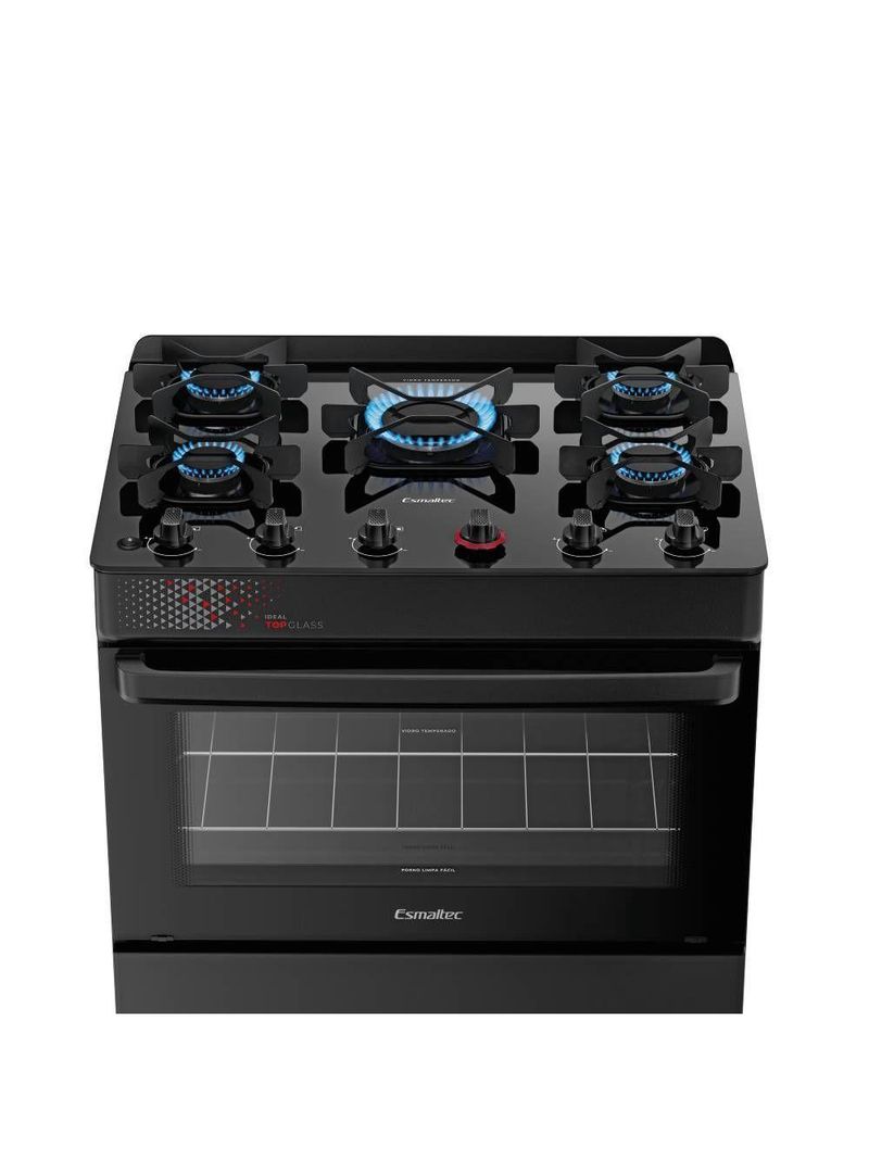 Fogão Esmaltec Ideal Top Glass 5 Bocas Preto Bivolt