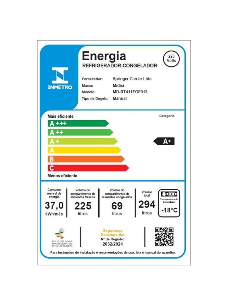 Geladeira Midea Cycle Defrost Duplex 294L Branca MD-RT411 - 220V