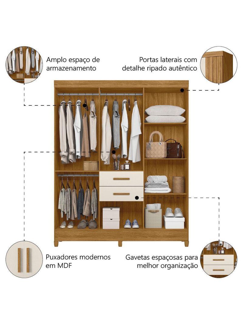 Guarda Roupas Casal Ripado 7 Portas 2 Gavetas Malta Madeirado Off White