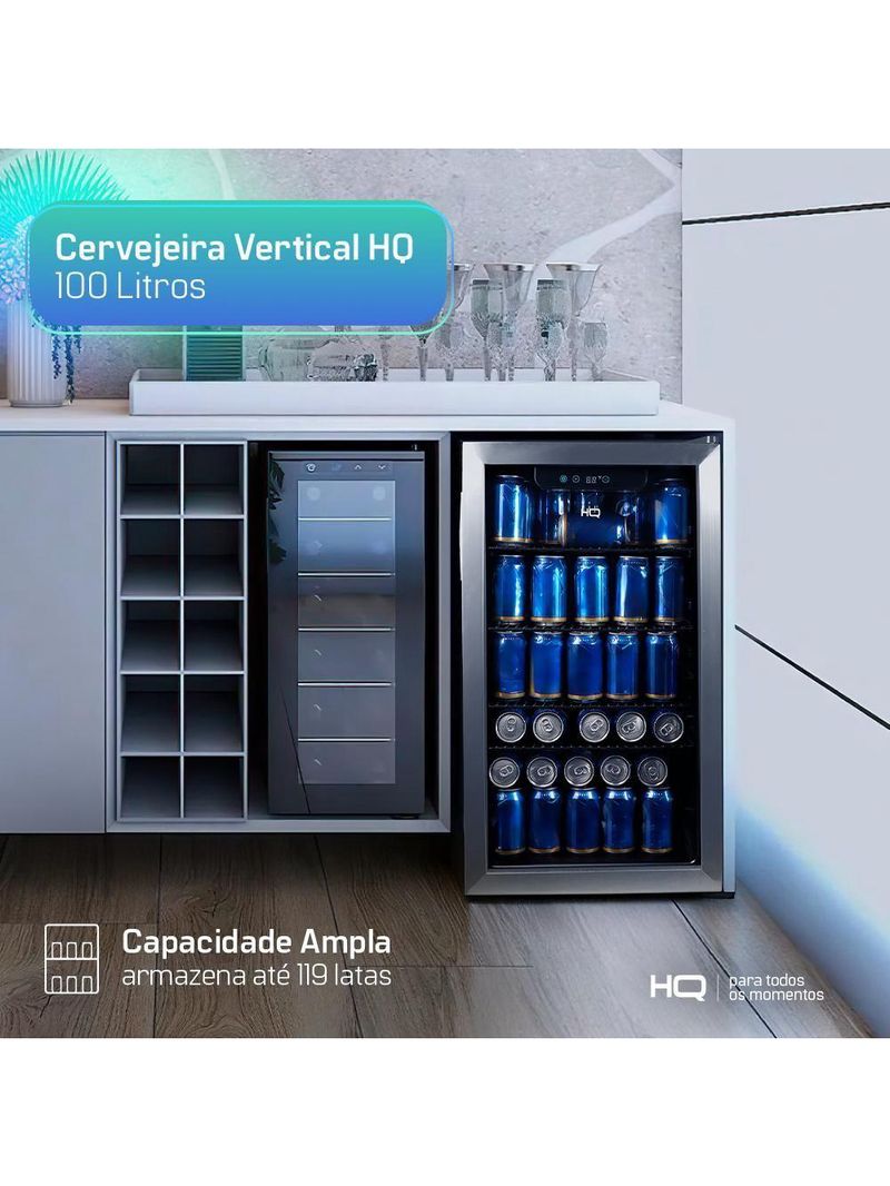 Cervejeira Expositor Vertical HQ Vidro Duplo 100 Litros Inox HQ-100CEVPV 110V
