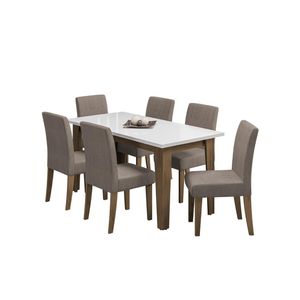 Conjunto De Mesa Sala De Jantar Miami Com 6 Cadeiras Trieste Suede 1,60m Cedro / Off White / Mascavo Dobuê Cedro / Off White