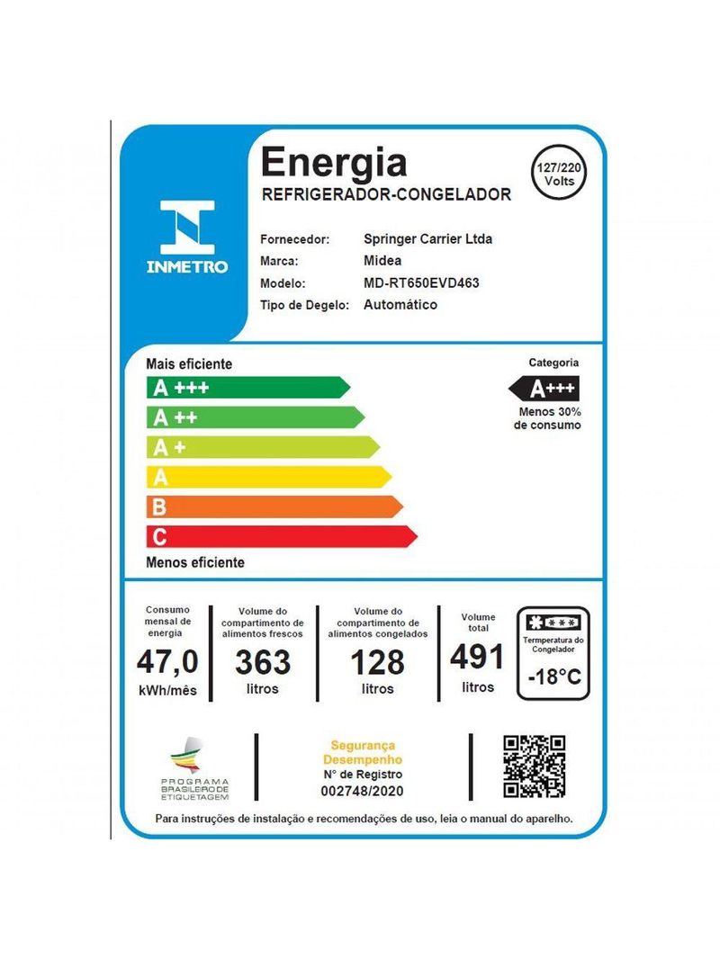 Geladeira Frost Free Inverter Midea 491L - Inox Bivolt