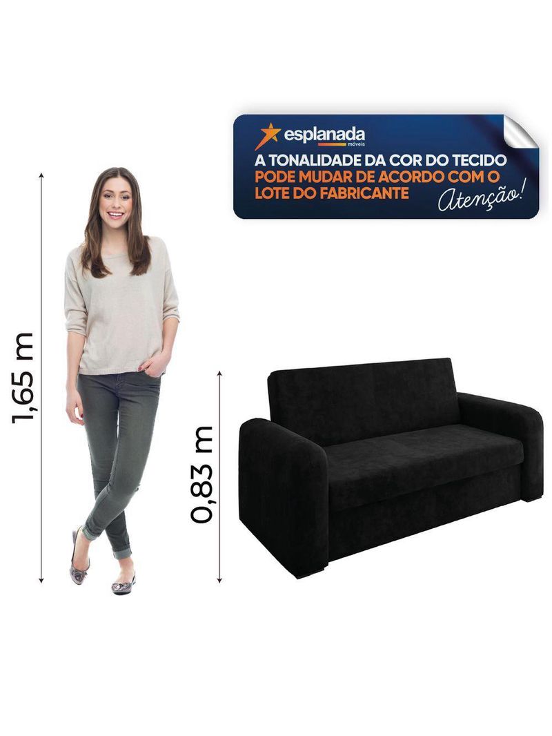 Sofá Cama Versátil 2 Lugares Veludo Selmer Preto