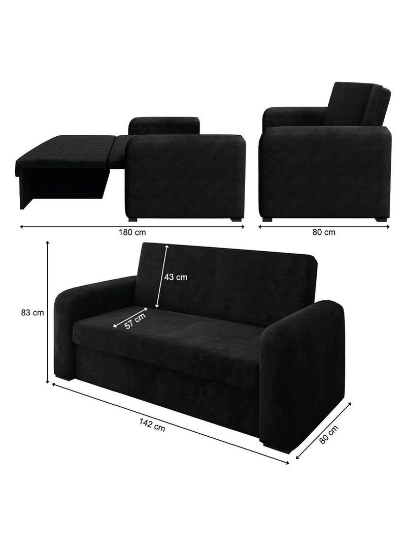 Sofá Cama Versátil 2 Lugares Veludo Selmer Preto