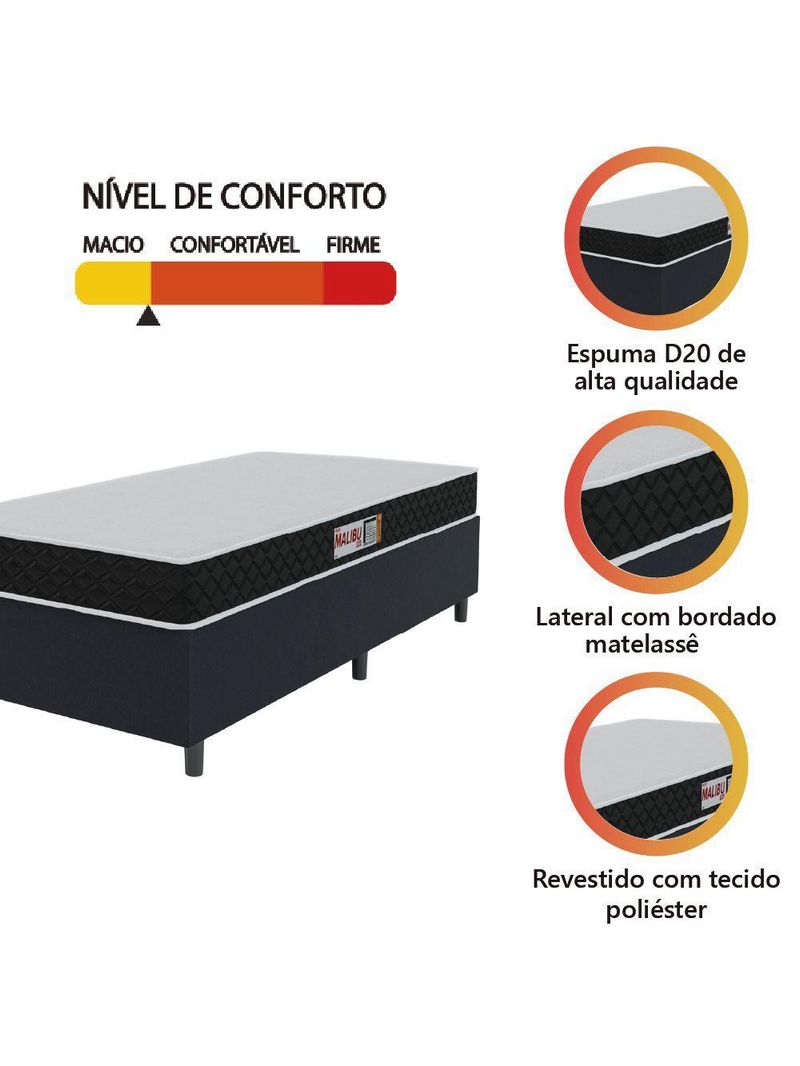 Cama Box Colchão Solteiro Espuma D20 Malibu 78x188x50cm Preto / Branco Hellen Preto
