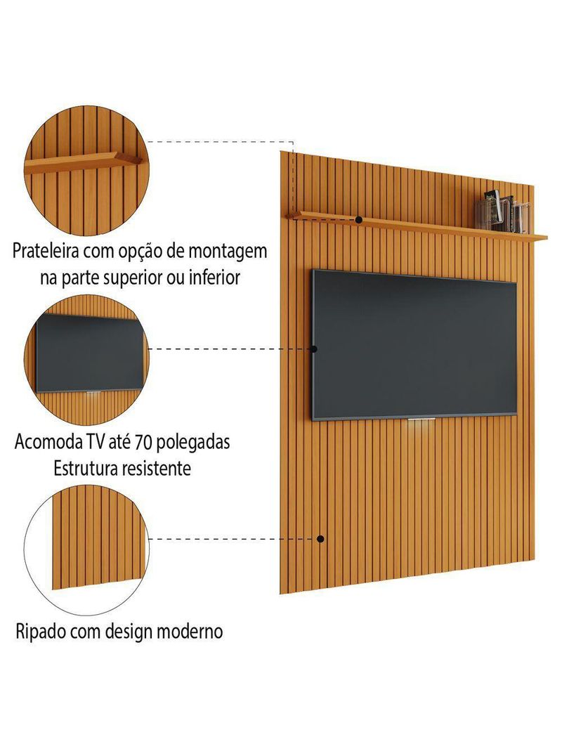 Painel Para TV Até 70 Polegadas 1,80x2,40m Ripado Com Prateleira Arbo Cedro EDN Nature