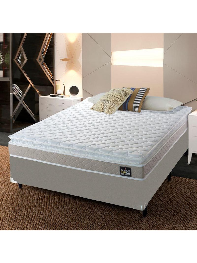 Cama Box Casal Queen Colchão Espuma D33 Pillow Top Millenium 158x198x57cm Suede Bege/branco Hellen