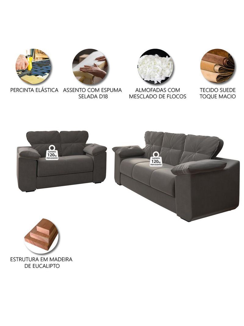 Conjunto De Sofá 2 E 3 Lugares Suede Cinza Londres Mamflex