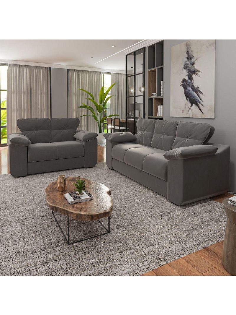 Conjunto De Sofá 2 E 3 Lugares Suede Cinza Londres Mamflex