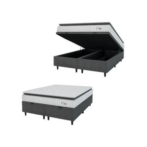 Cama Box Baú Colchão Casal King Molas Ensacadas City Pillow Top 193x203x64cm Cinza Branco