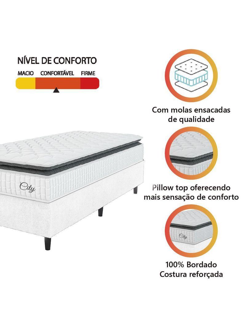 Cama Box Colchão Solteiro Molas Ensacadas City Pillow Top 88x188x61cm Linho Branco / Preto Hellen Branco/pre