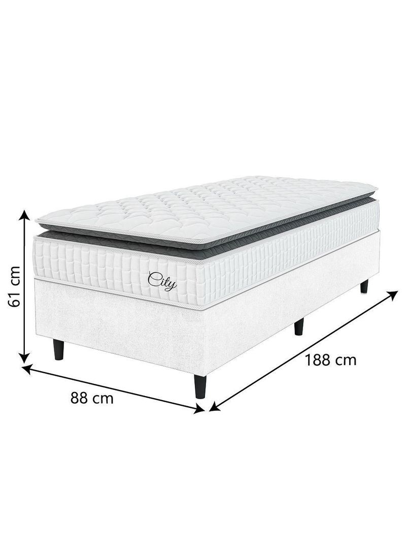 Cama Box Colchão Solteiro Molas Ensacadas City Pillow Top 88x188x61cm Linho Branco / Preto Hellen Branco/pre