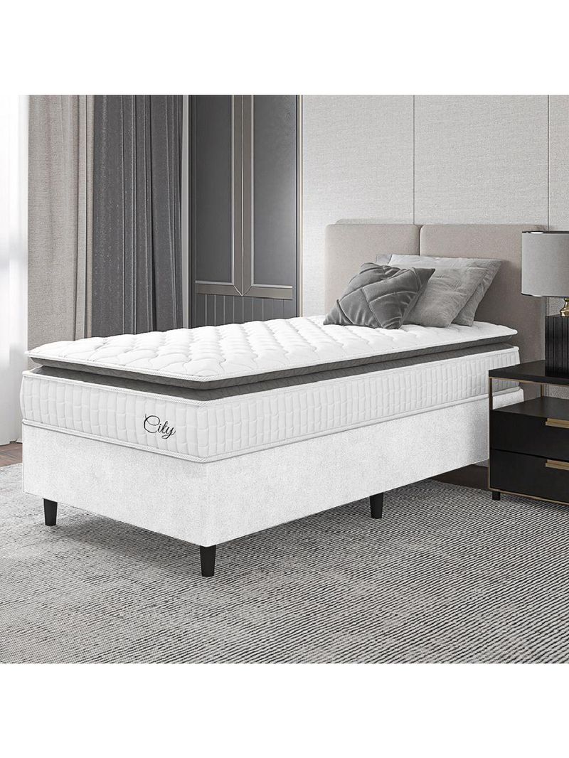 Cama Box Colchão Solteiro Molas Ensacadas City Pillow Top 88x188x61cm Linho Branco / Preto Hellen Branco/pre